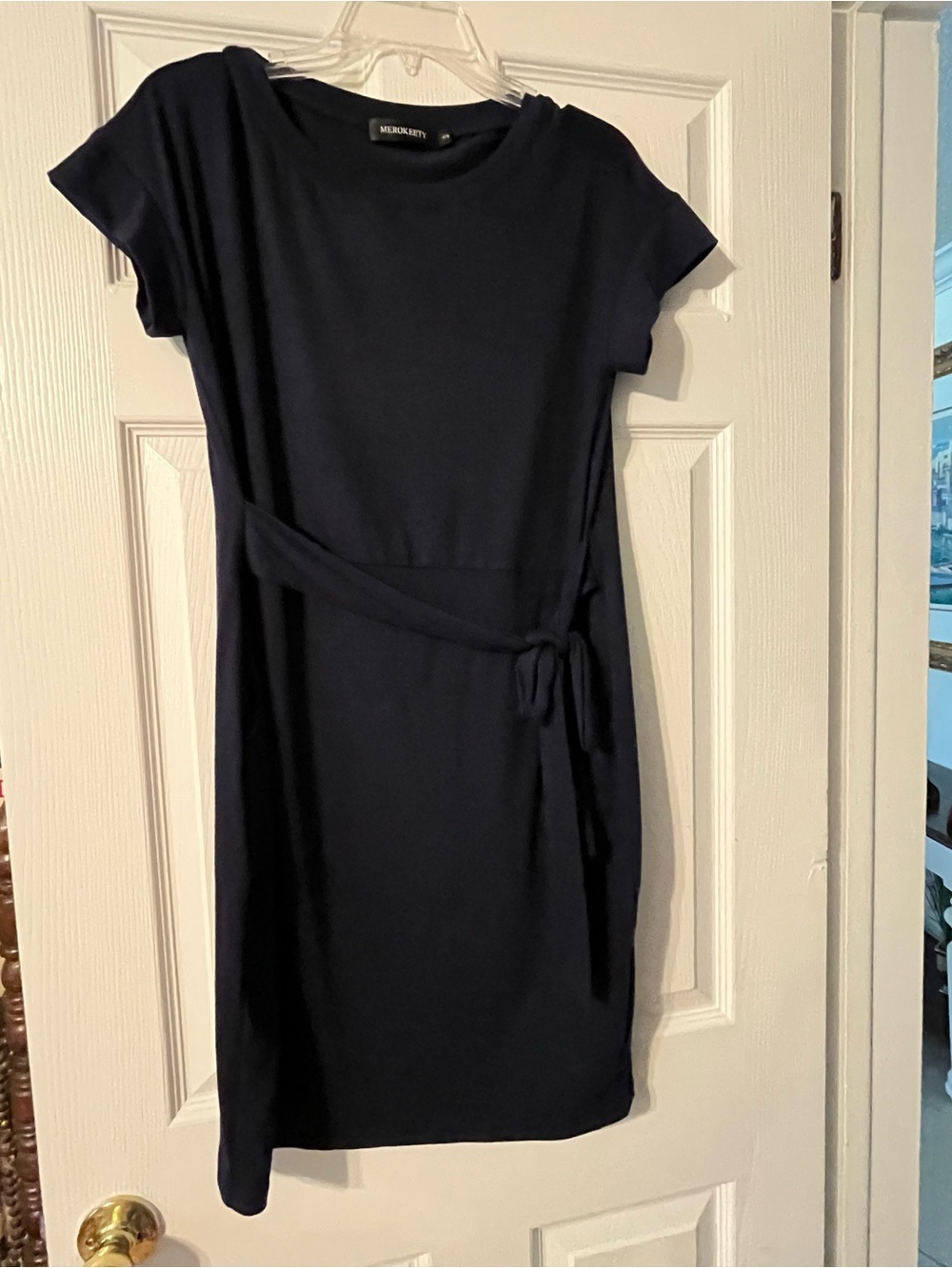 Merokeety Navy Belted Cap-Sleeve Dress size small